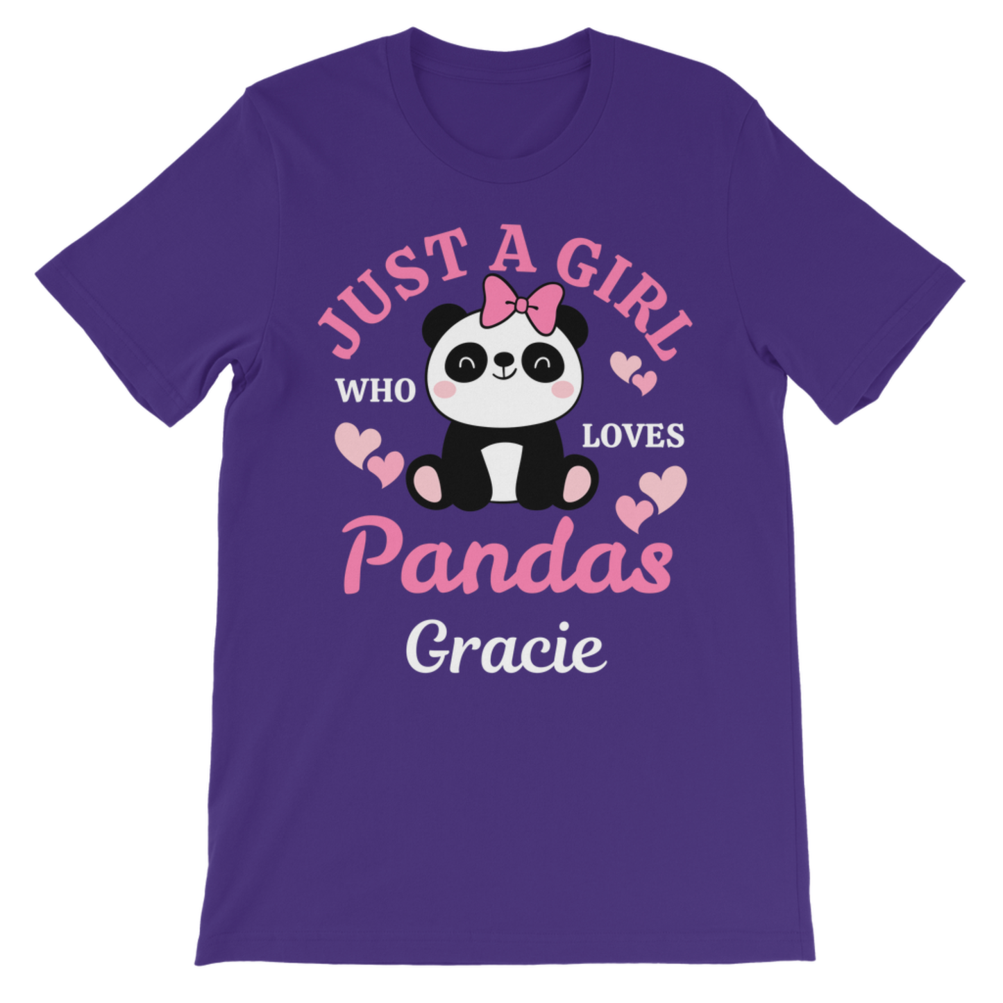 Girls purple T-shirt with cute panda illustration, hearts and the slogan Just a Girl Who Loves Pandas, personalised with the name Gracie.