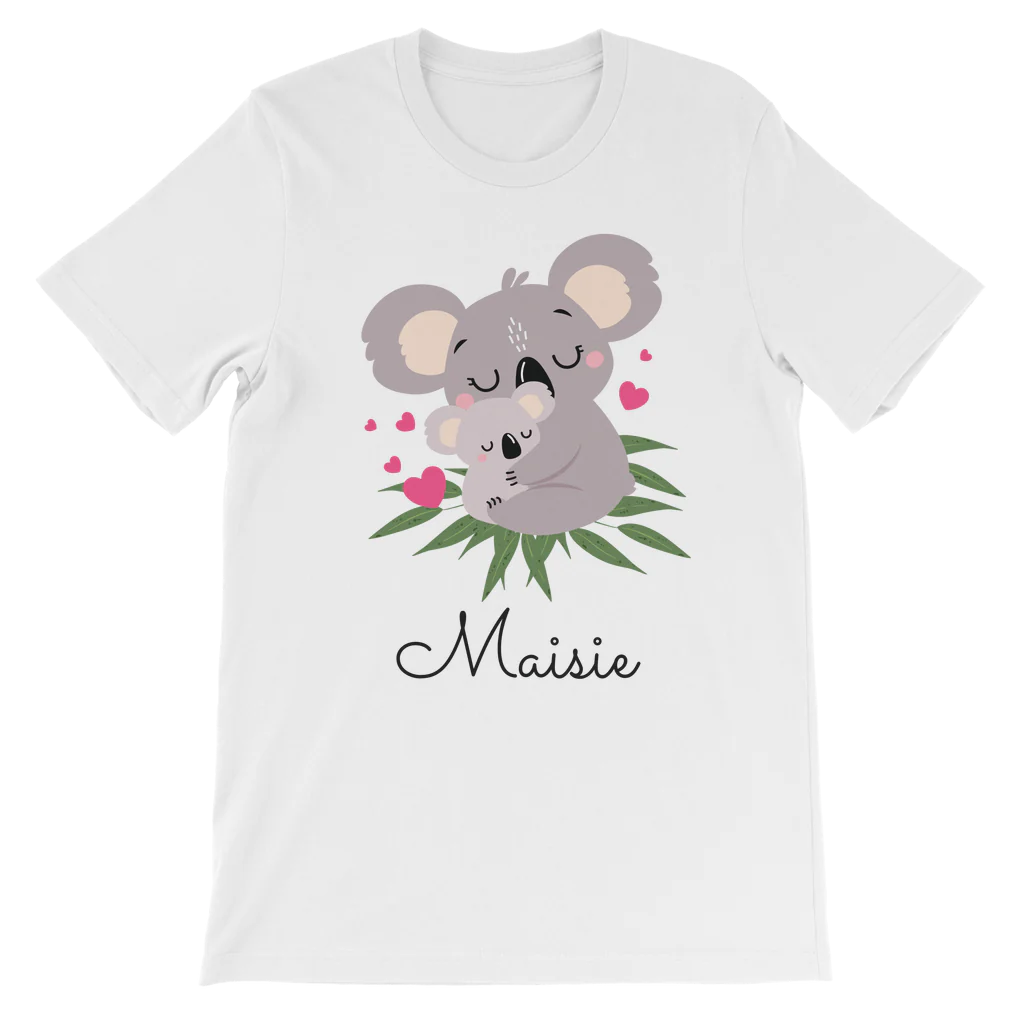 Kids white personalised T-shirt with a cute mother and baby koala illustration and her name printed below in black script.