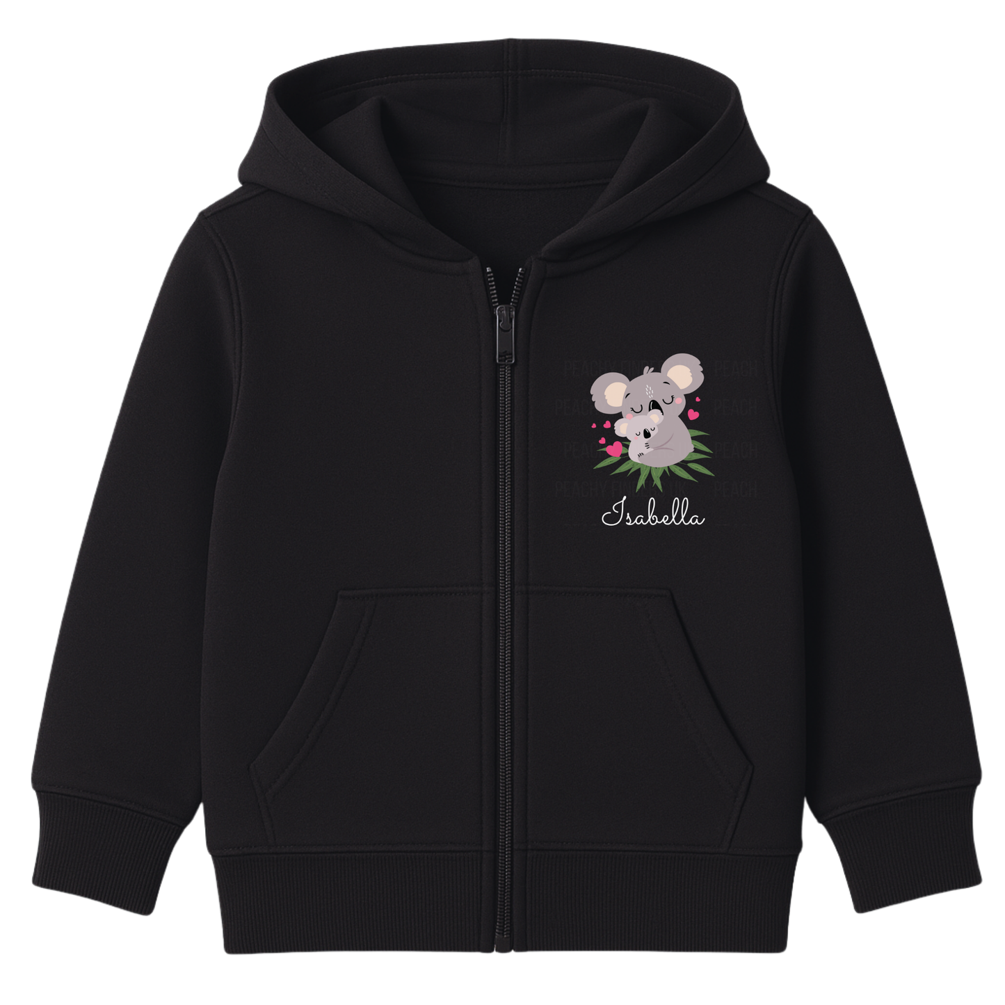 Girls black zip-up hoodie featuring a cute koala and joey illustration with pink heart details and custom name print on the chest