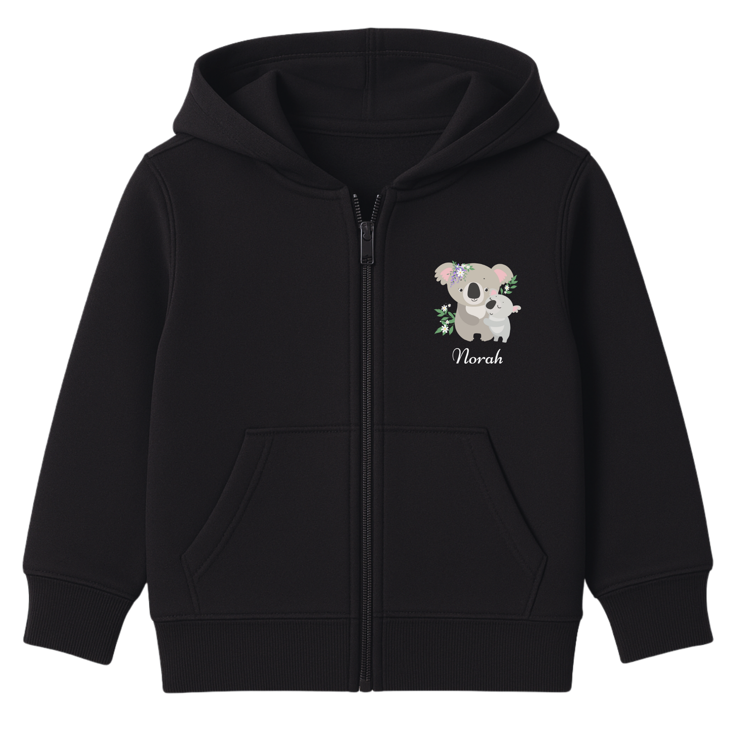Girls black personalised full-zip hoodie featuring a Mumma and Baby Koala design with her name printed on the front.