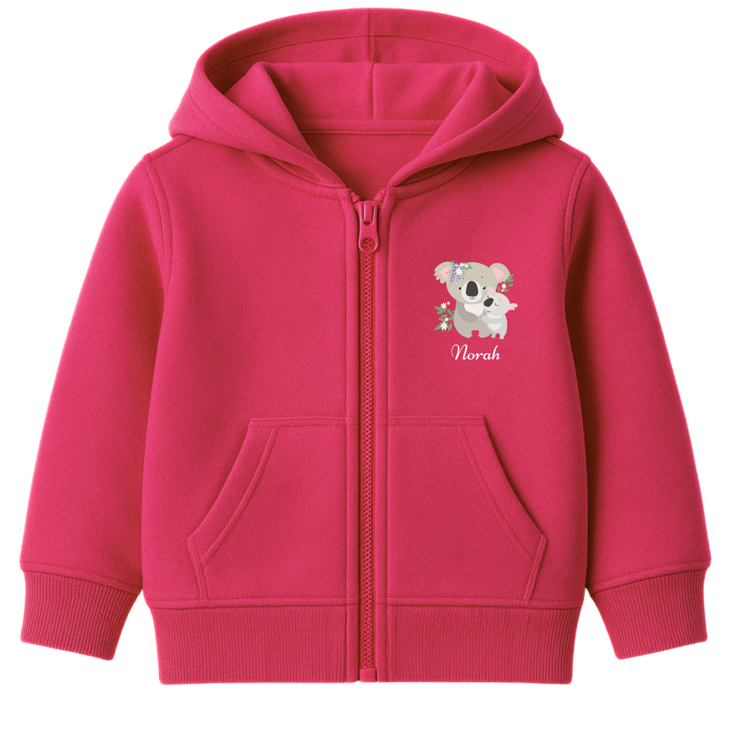 Girls pink personalised full-zip hoodie featuring a Mumma and Baby Koala design with her name printed on the front.