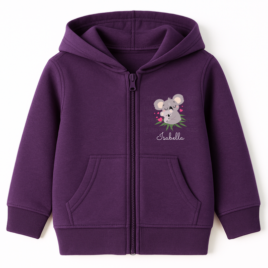 Girls purple zip-up hoodie featuring a cute koala and joey illustration with pink heart details and custom name print on the chest
