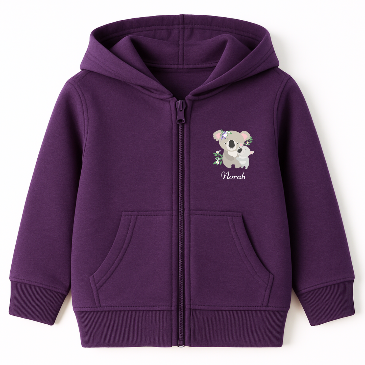 Girls purple personalised full-zip hoodie featuring a Mumma and Baby Koala design with her name printed on the front.