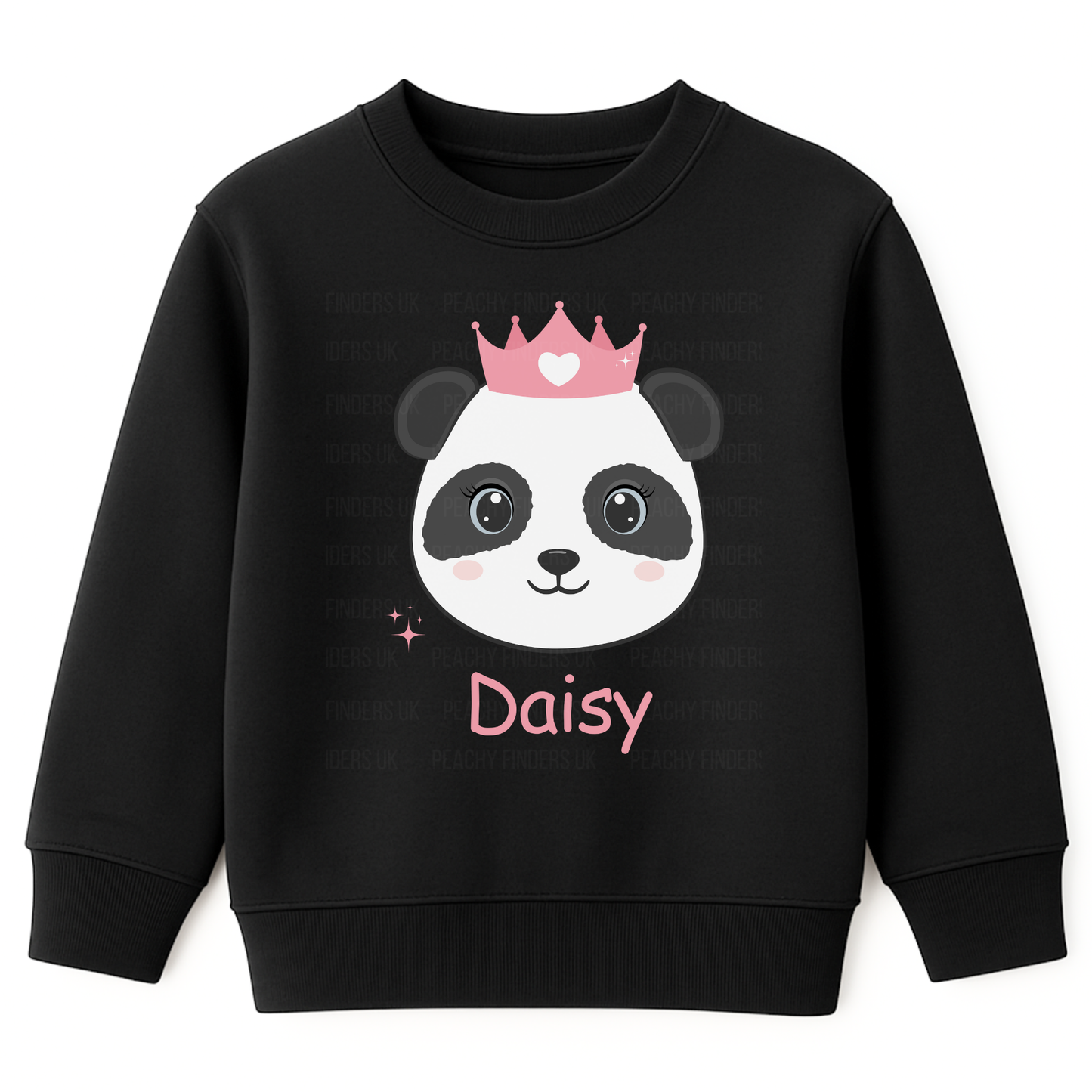 Black personalised panda princess kids sweatshirt with custom name “Daisy”.
