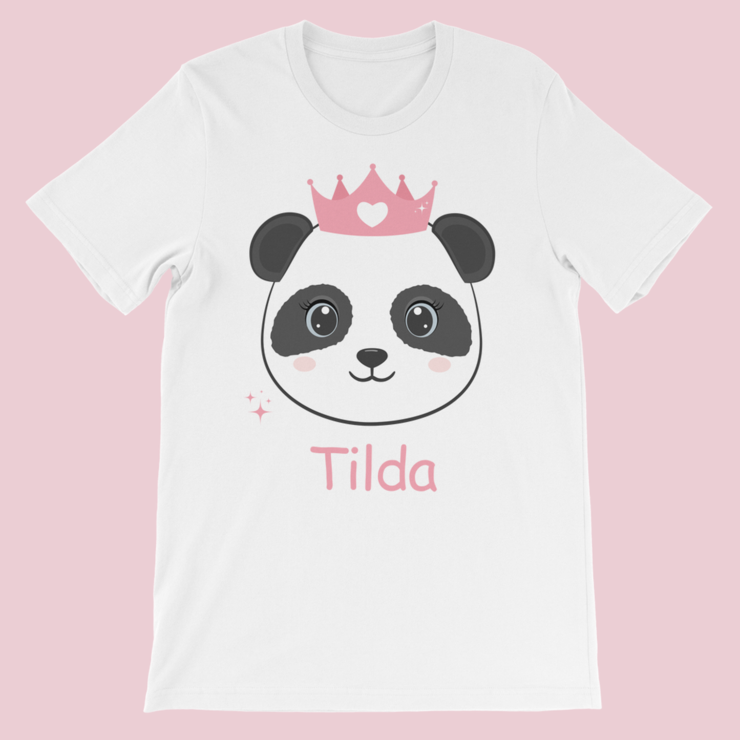 White personalised panda princess t-shirt for girls featuring cute panda and pink crown