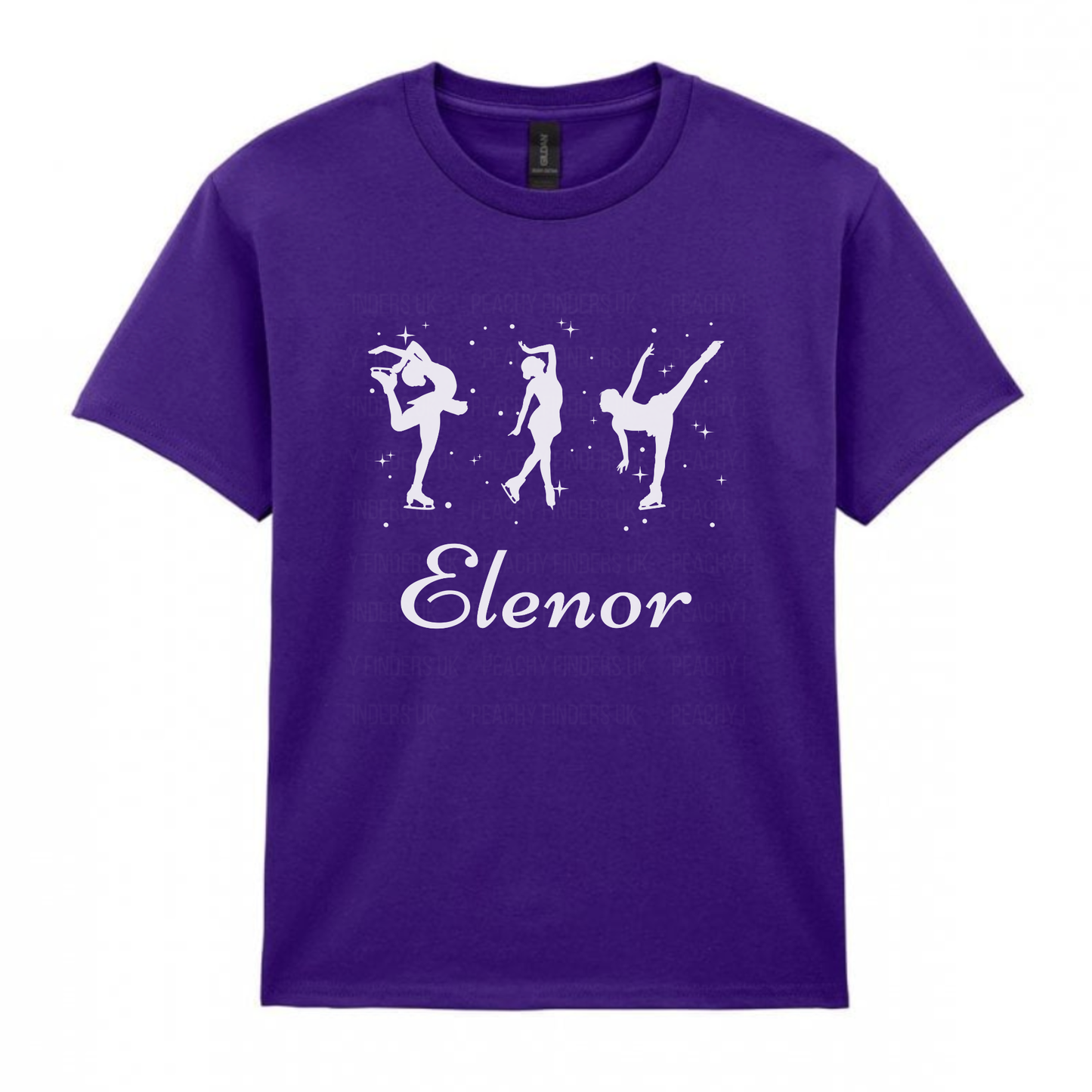 Girls purple personalised ice skater t-shirt featuring three white figure skating silhouettes with stars and the name “Elenor” printed underneath.