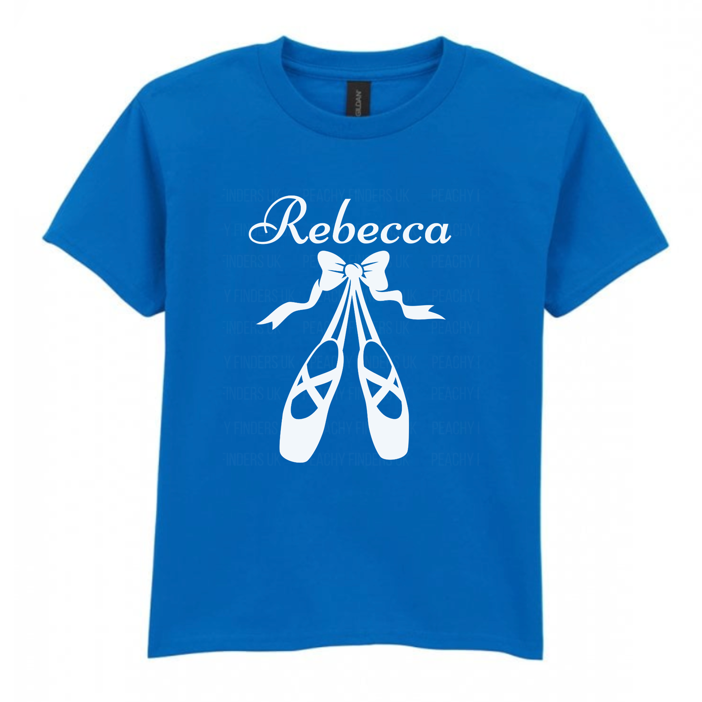 Girls royal blue cotton t-shirt featuring white ballet shoes and bow graphic with personalised name printed on the chest.