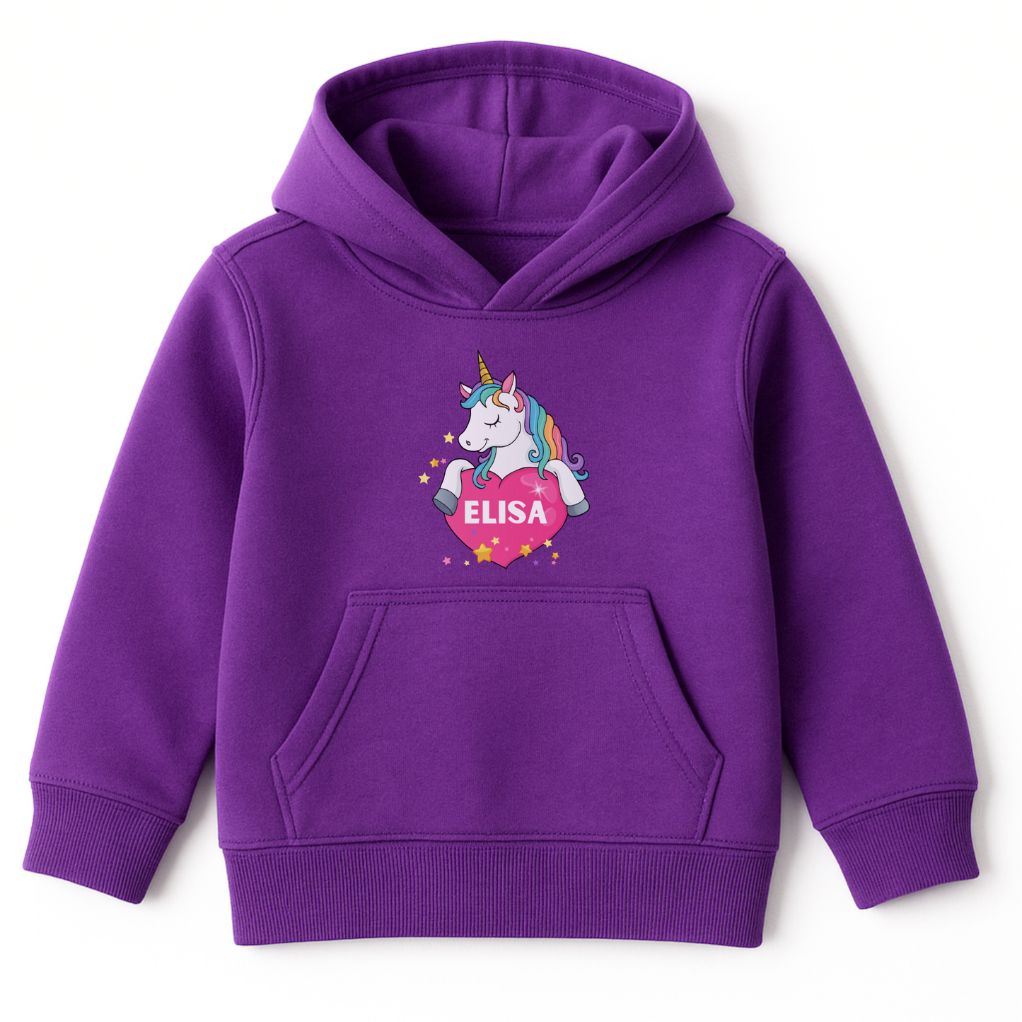 Girls purple pullover hoodie featuring a rainbow-maned unicorn hugging a pink heart with a custom name inside and yellow stars around the design.
