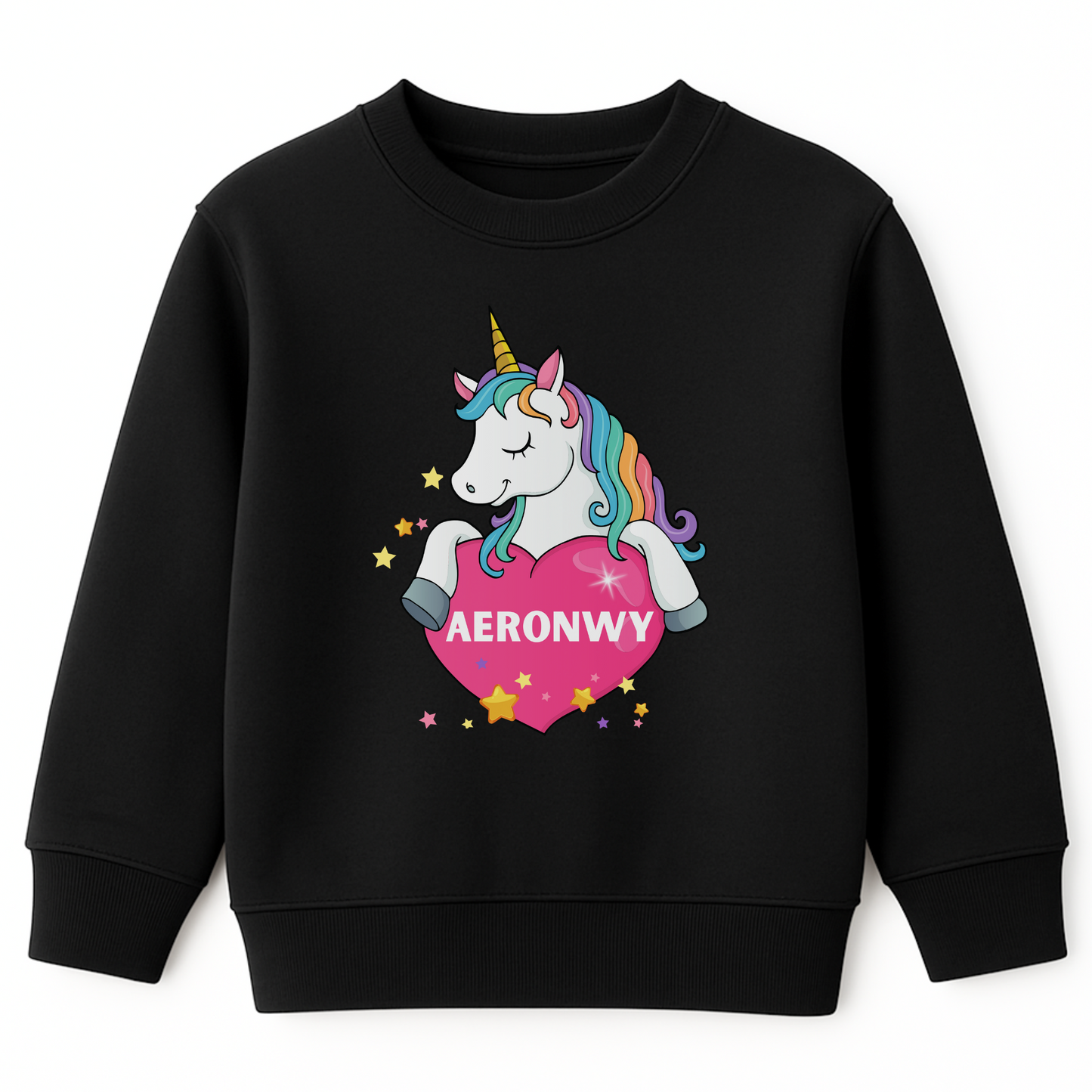 Girls black sweatshirt featuring a colourful unicorn holding a pink heart with the custom name “Aeronwy” printed inside, surrounded by yellow and pink stars.