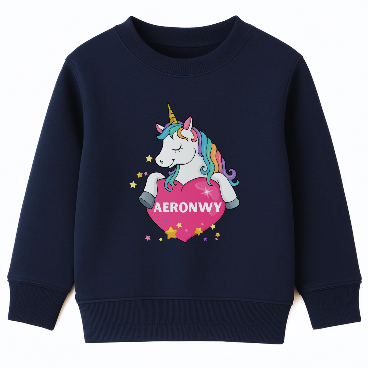 Navy kids sweatshirt featuring a colourful unicorn holding a pink heart with the custom name “Aeronwy” printed inside, surrounded by yellow and pink stars.
