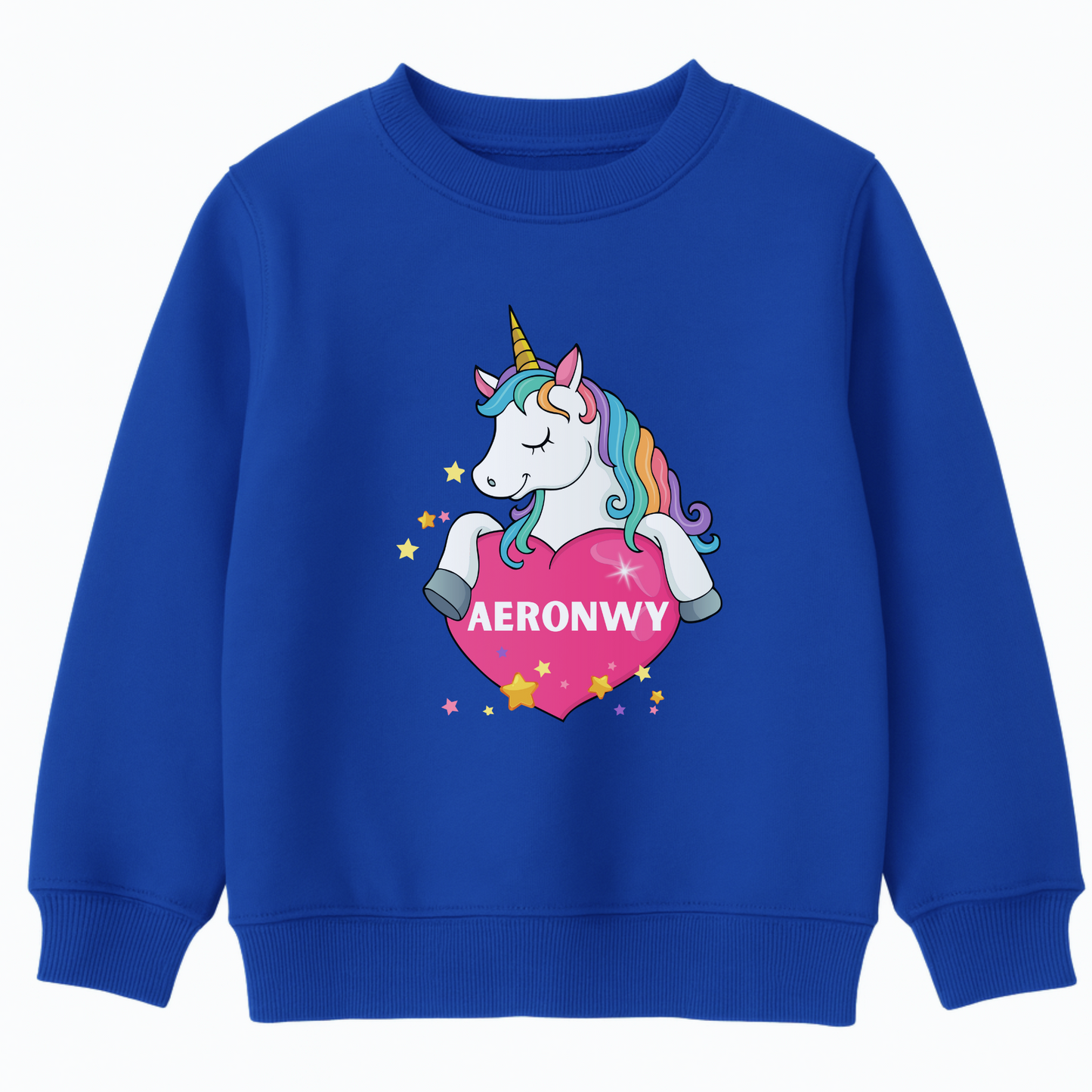 Royal blue kids sweatshirt featuring a colourful unicorn holding a pink heart with the custom name “Aeronwy” printed inside, surrounded by yellow and pink stars.