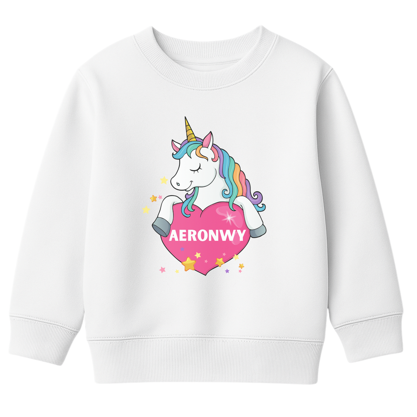 Girls white sweatshirt featuring a colourful unicorn holding a pink heart with the custom name “Aeronwy” printed inside, surrounded by yellow and pink stars.