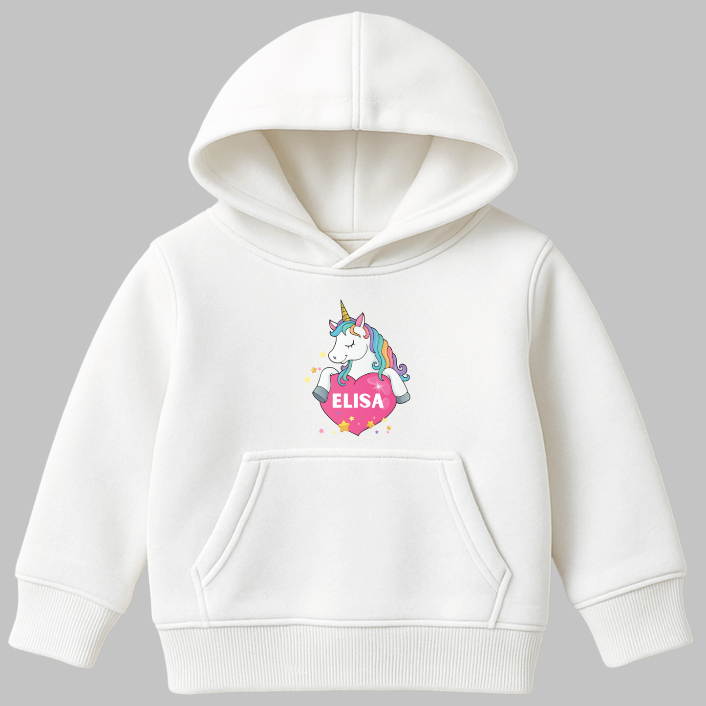 Girls white pullover hoodie featuring a rainbow-maned unicorn hugging a pink heart with a custom name inside and yellow stars around the design.