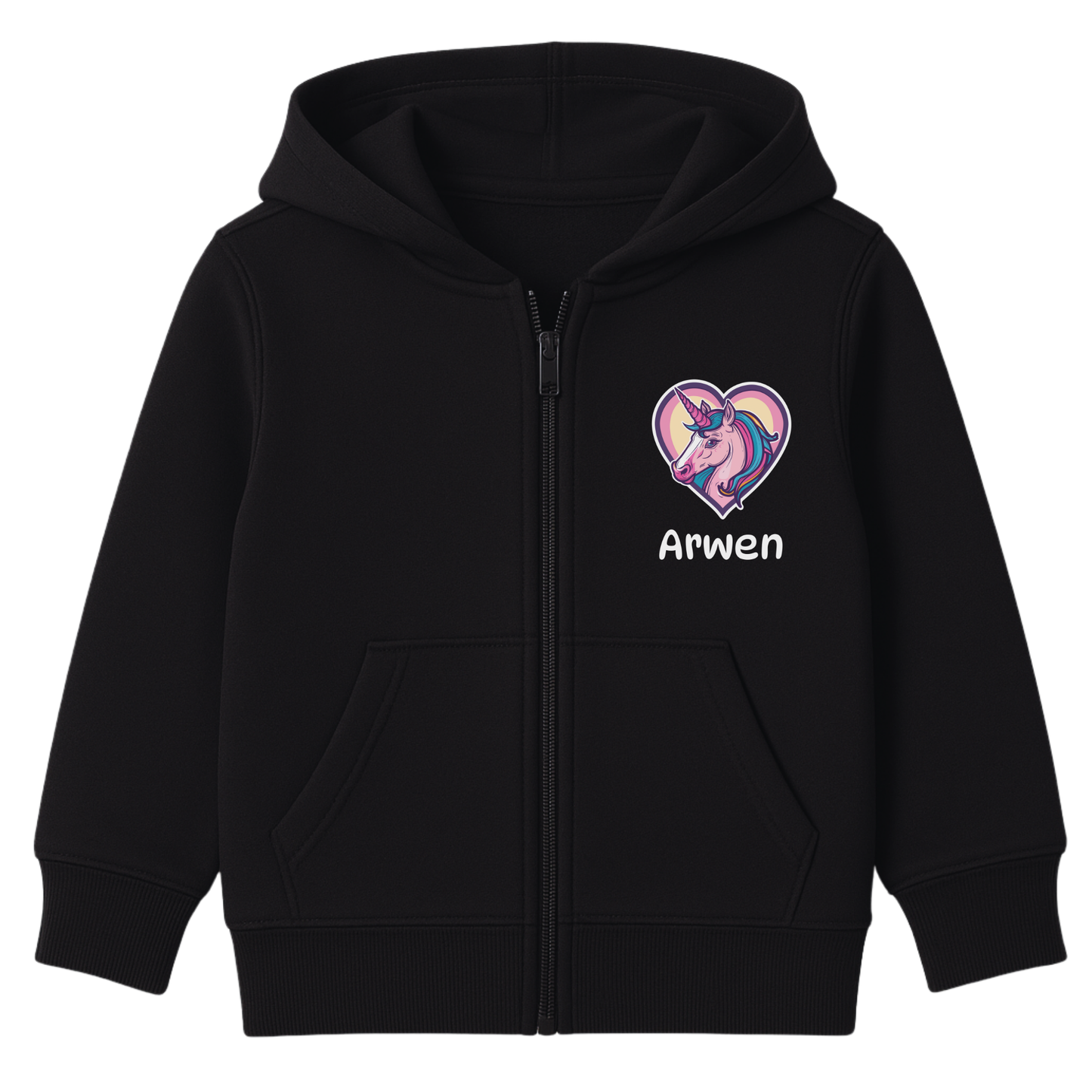 Girls black zip-up hoodie with a unicorn inside a pastel heart with as custom name printed on the front.