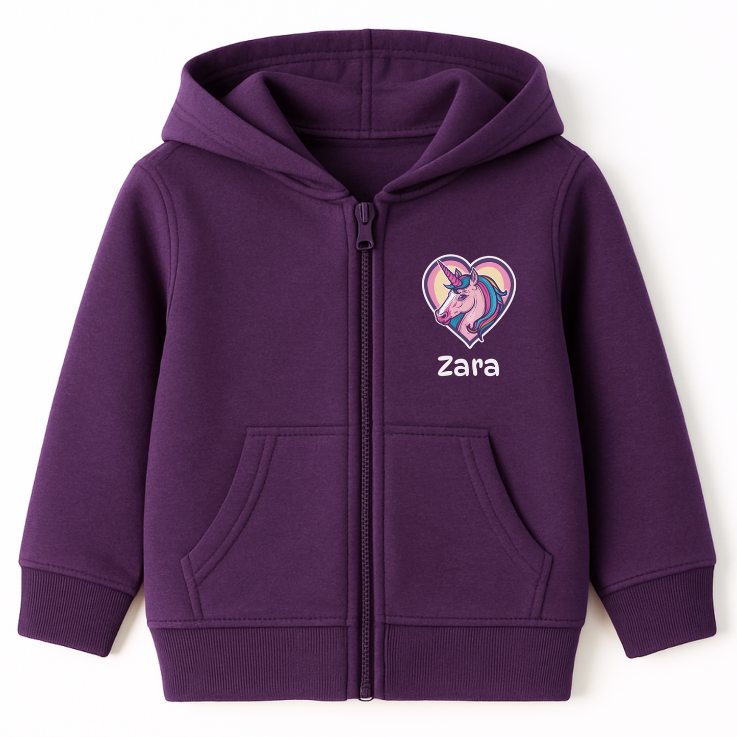Girls purple zip-up hoodie with a unicorn inside a pastel heart with as custom name printed on the front.