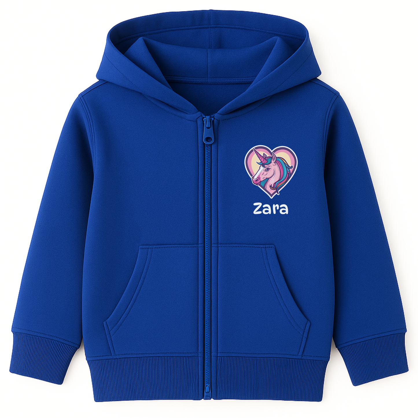 Girls royal blue zip-up hoodie with a unicorn inside a pastel heart with as custom name printed on the front.