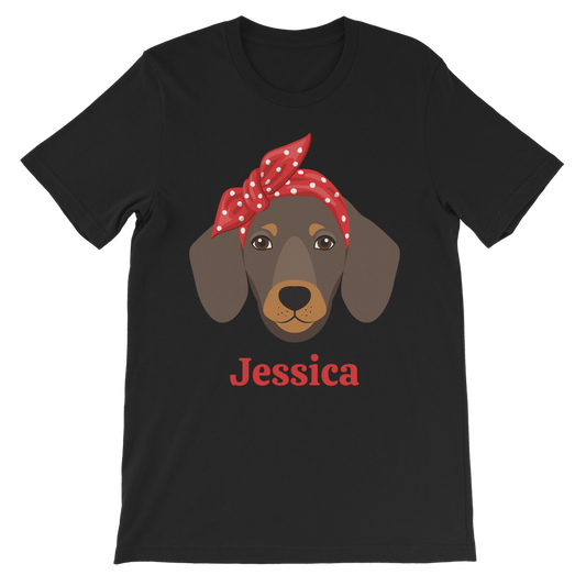 Girls black cotton-t-shirt featuring a personalised dachshund with red polka dot bandana and custom name underneath