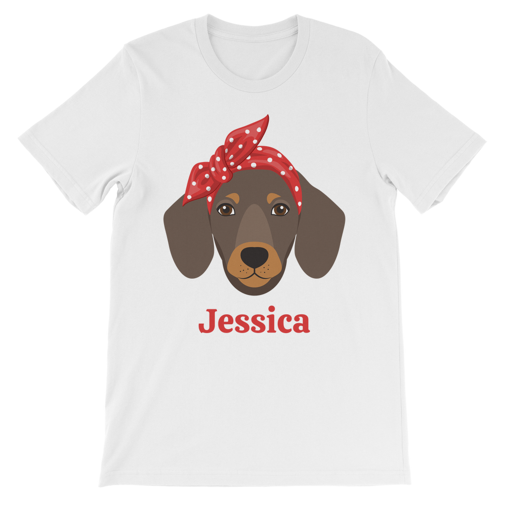 Girls white cotton-t-shirt featuring a personalised dachshund with red polka dot bandana and custom name underneath