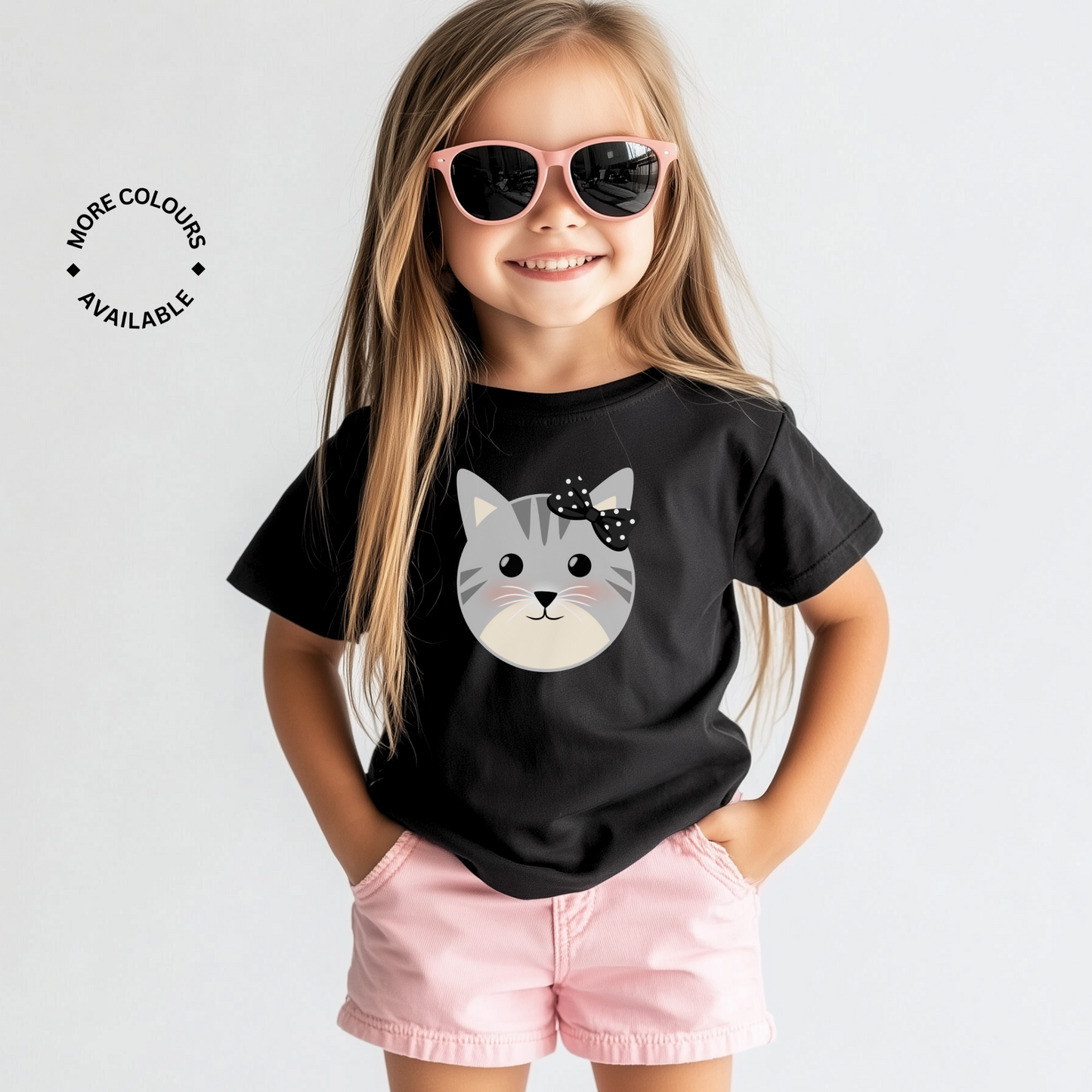 Girls Cute Cat With Black Bow T-Shirt | 3 - 13 years