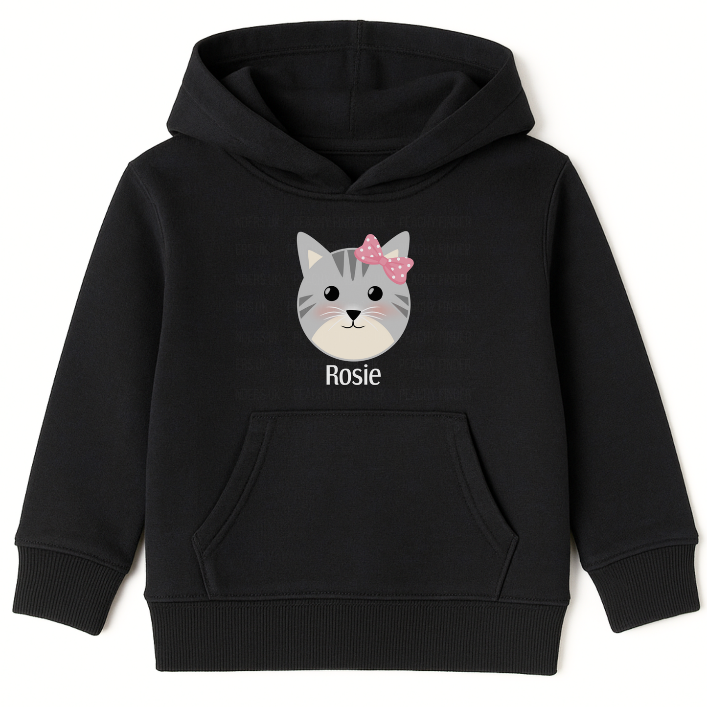 Girls black personalised hoodie with cute grey kitten face and pink bow, custom name printed on underneath on the front