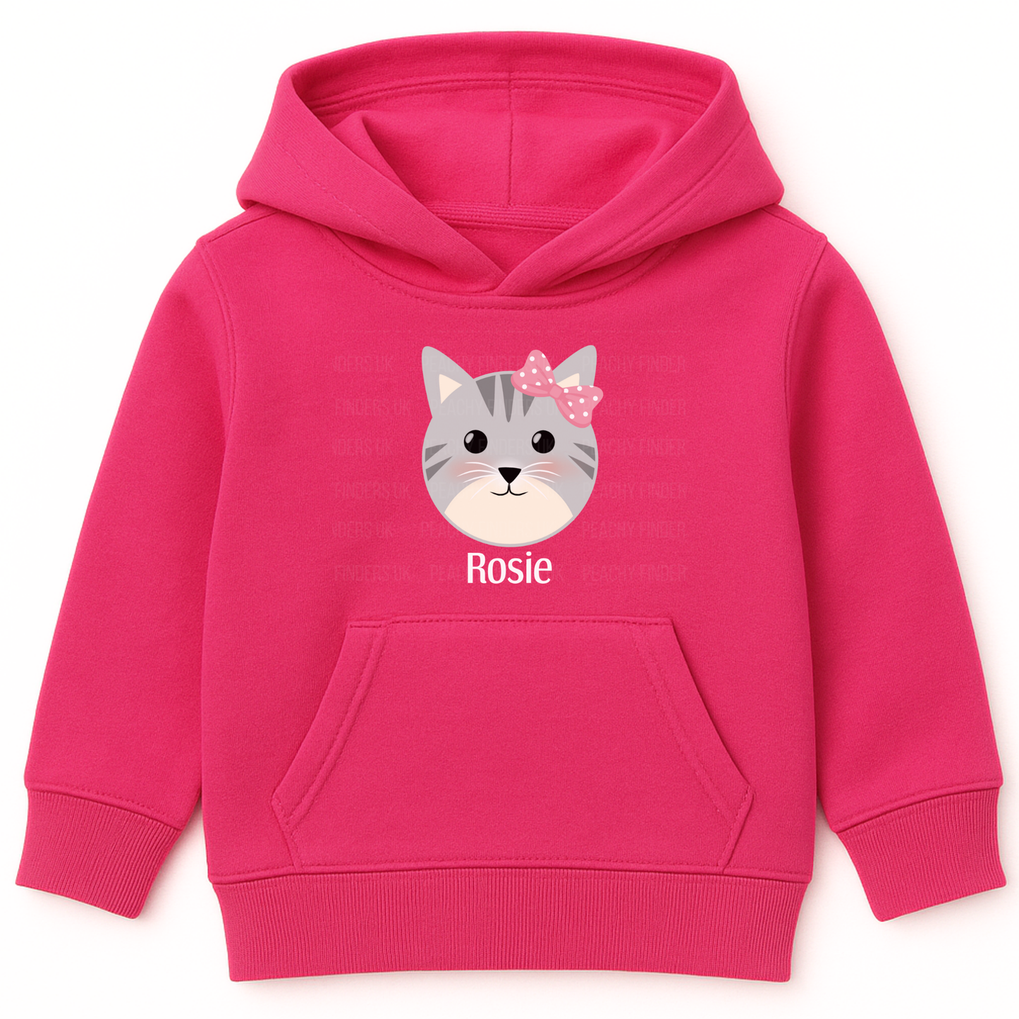 Girls pink personalised hoodie with cute grey kitten face and pink bow, custom name printed on underneath on the front