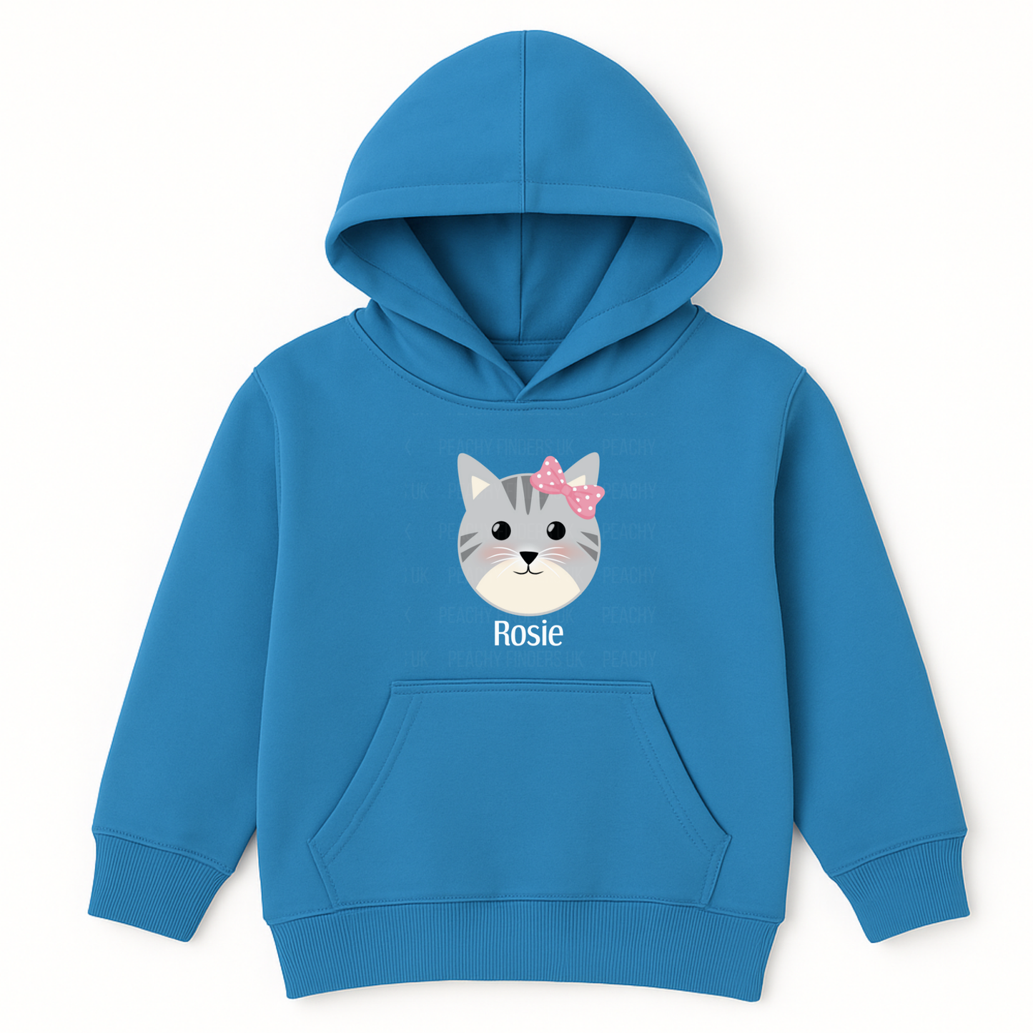 Girls sapphire blue personalised hoodie with cute grey kitten face and pink bow, custom name printed on underneath on the front