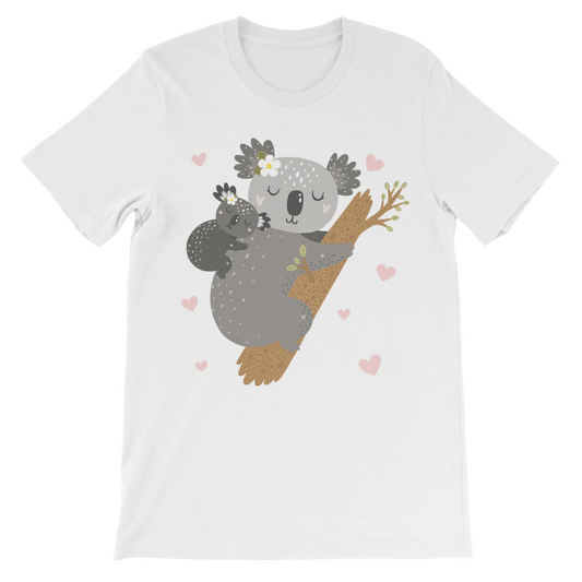 Girls cotton t-shirt featuring an illustration of a mother koala cuddling her baby while clinging to a tree, surrounded by small pink hearts and flowers.