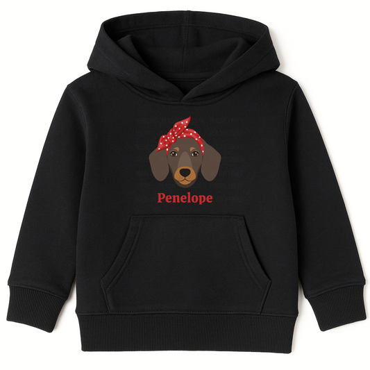 Girls black hoodie featuring a dachshund face and red polka dot bandana design with custom name