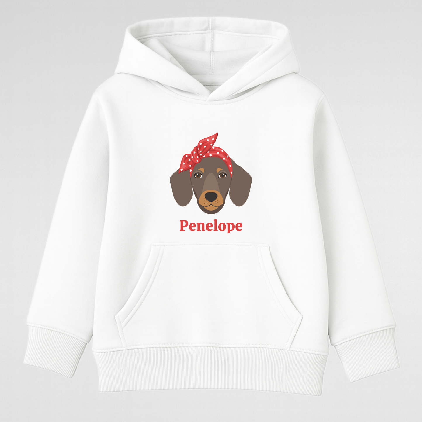 Girls white pullover hooded sweatshirt featuring a dachshund face and red polka dot bandana design with custom name