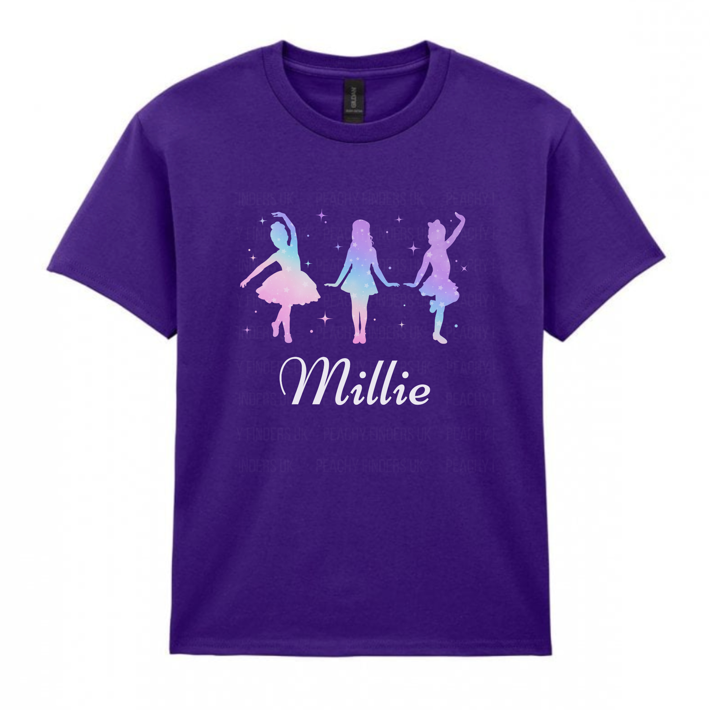Girls purple personalised dance t-shirt featuring three ombre pastel silhouette dancers with stars and the name “Millie” printed below.