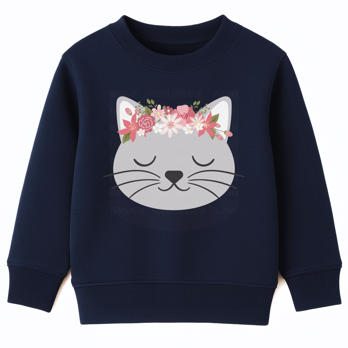 Girls navy sweatshirt featuring a sleeping grey cat face with pink and white floral crown