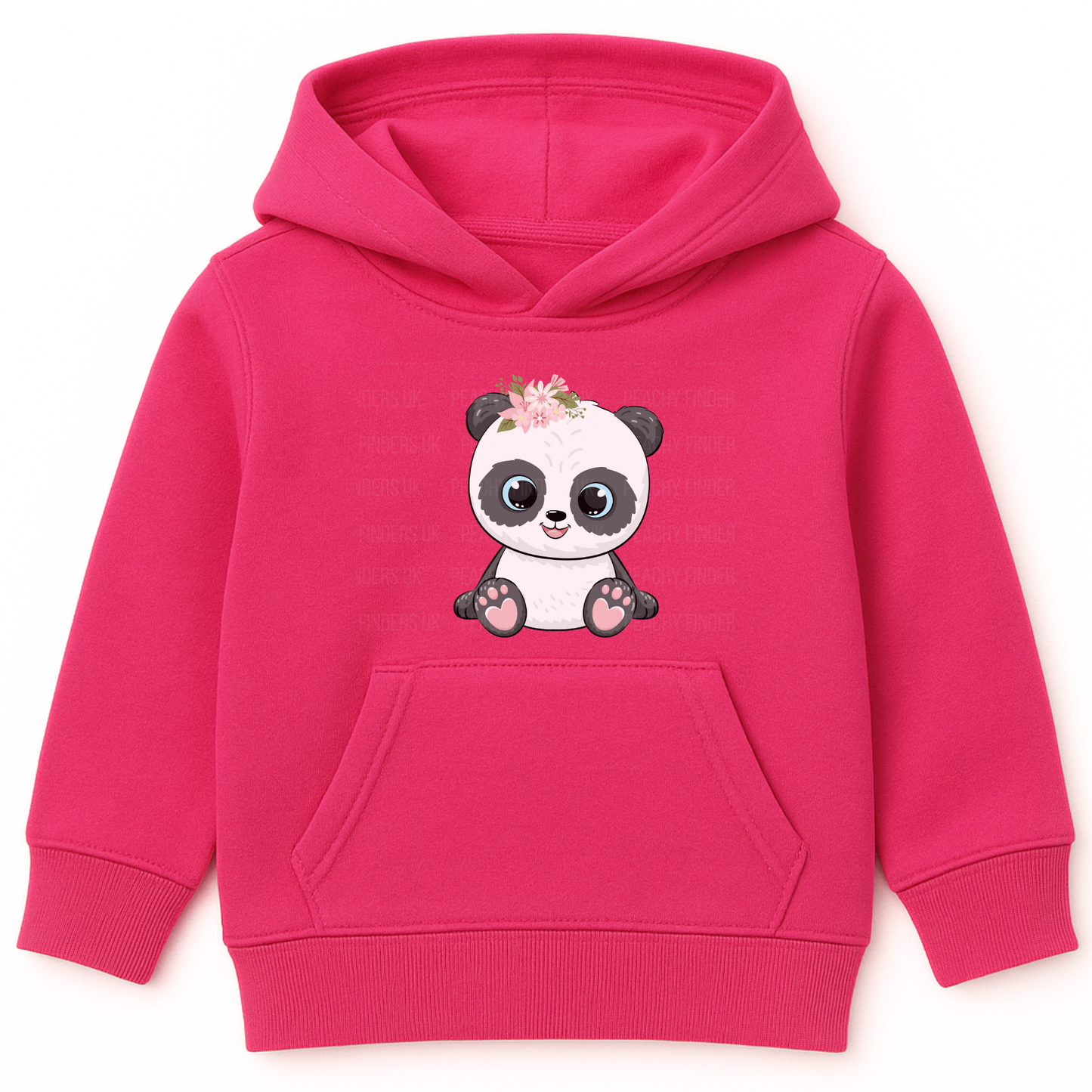 Girls hot pink pullover hoodie with a sweet panda and flowers graphic printed on the front.