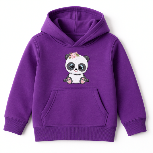 Purple hooded sweatshirt for kids with a cute panda graphic printed on chest.