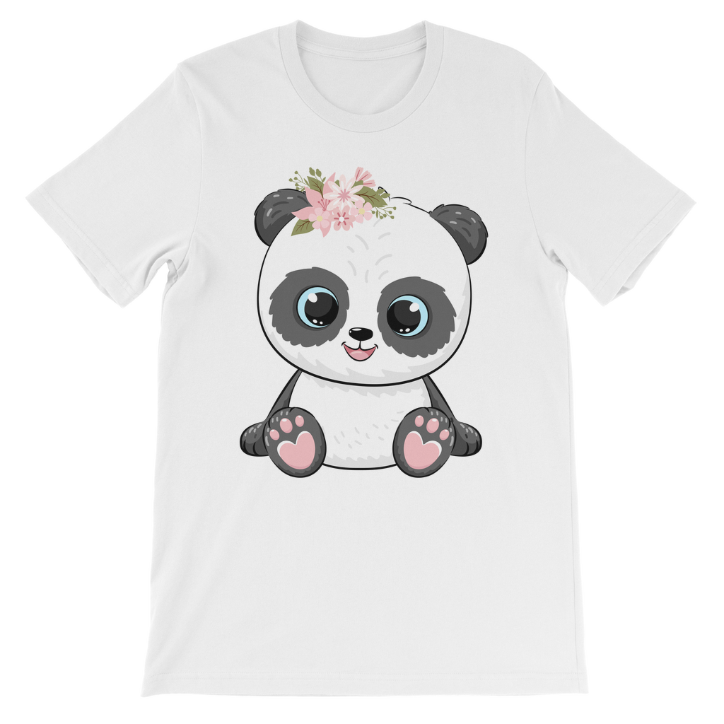 Girls white cotton t-shirt featuring a cute panda illustration with a pink floral crown and smiling face.