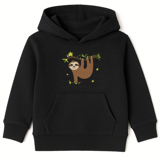 Girls black pullover hoodie featuring a cute smiling sloth hanging from a leafy branch with yellow flowers.