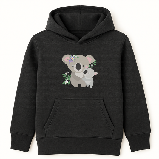 Girls charcoal grey pullover hoodie featuring a cute mummy and baby koala illustration with floral accents