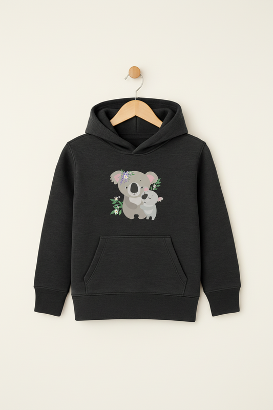 Girls charcoal grey pullover hoodie featuring a cute mummy and baby koala illustration with floral accents