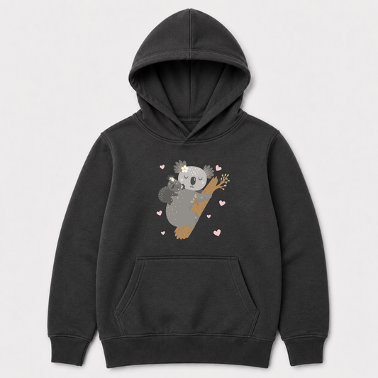 Charcoal grey kids pullover hoodie featuring a sweet koala and baby animal graphic with soft pink hearts