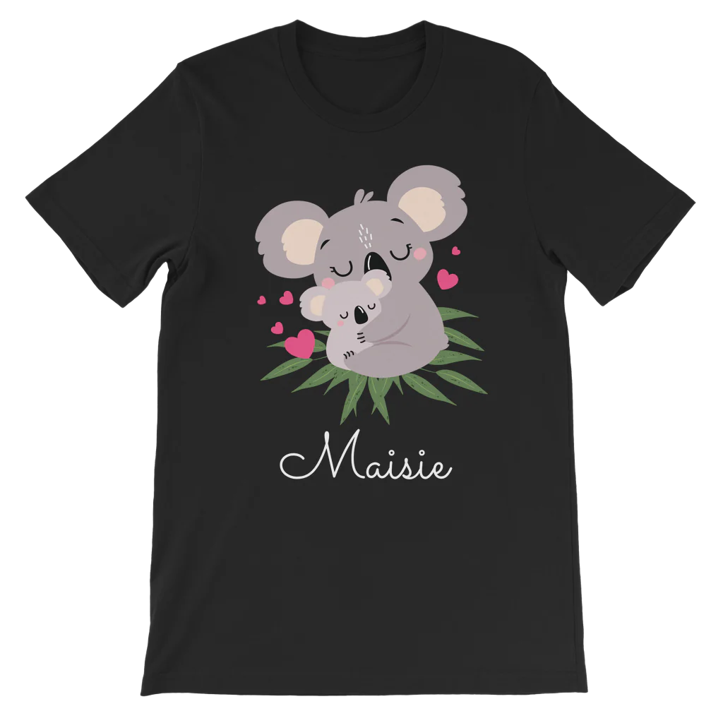 Girls black personalised T-shirt with a cute mother and baby koala illustration and her name printed below in white script.