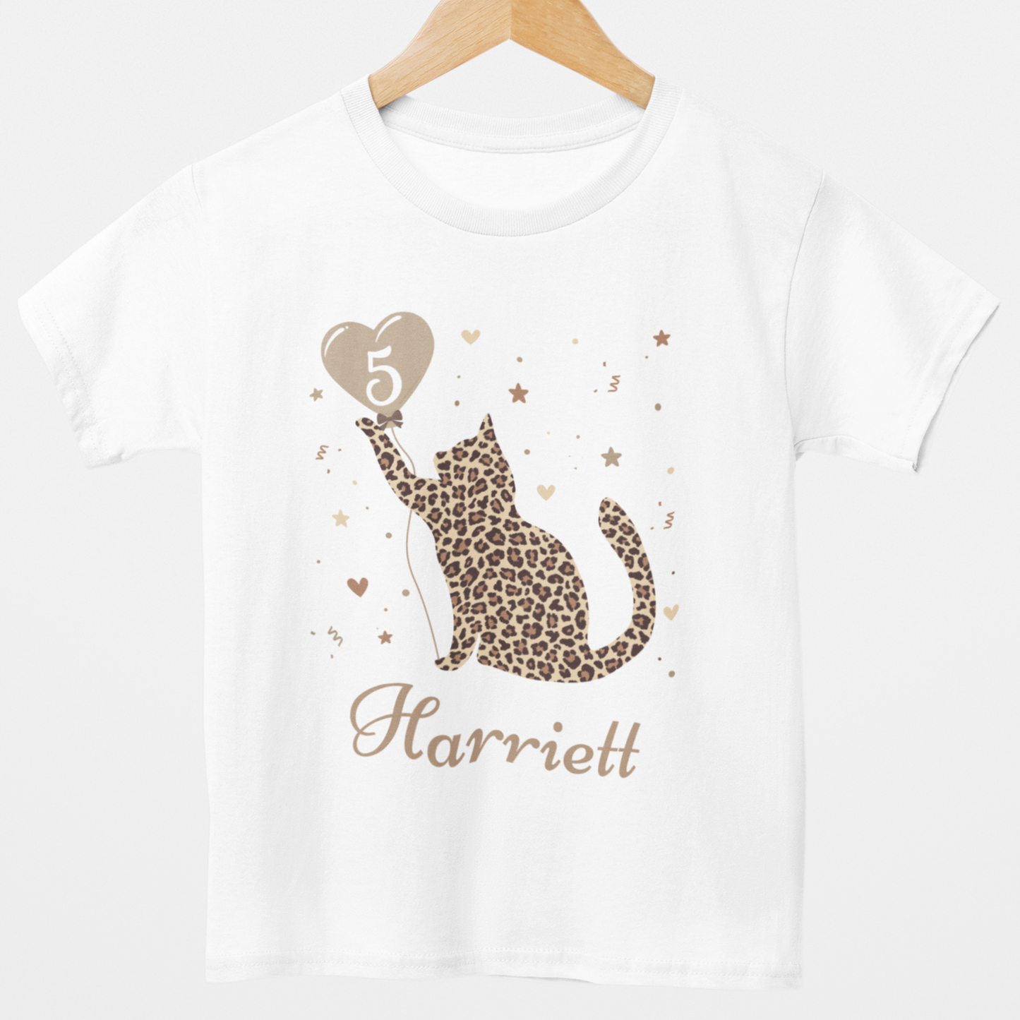 Girls Personalised Leopard Print Cat Birthday T-shirt | 3 - 13 years