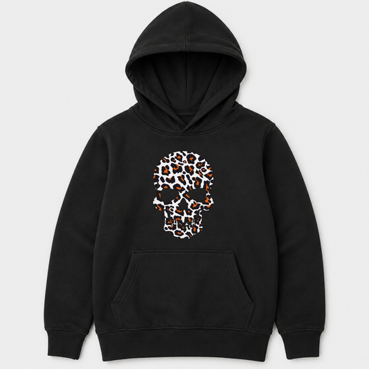 Girls black pullover hoodie featuring a white, black and orange leopard-print skull graphic.