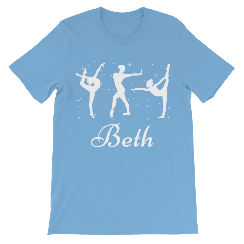Kids personalised gymnastics T-shirt in light blue with white gymnast silhouettes, stars, and customisable name text.
