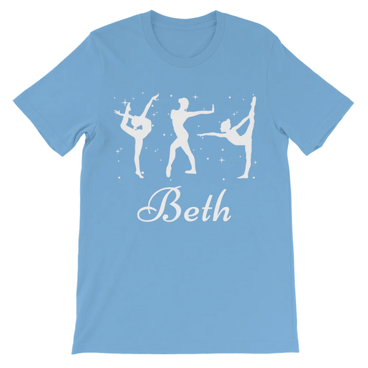 Kids personalised gymnastics T-shirt in light blue with white gymnast silhouettes, stars, and customisable name text.
