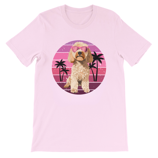 Girls light pink Cockapoo T-shirt featuring sunglasses dog and palm tree summer print
