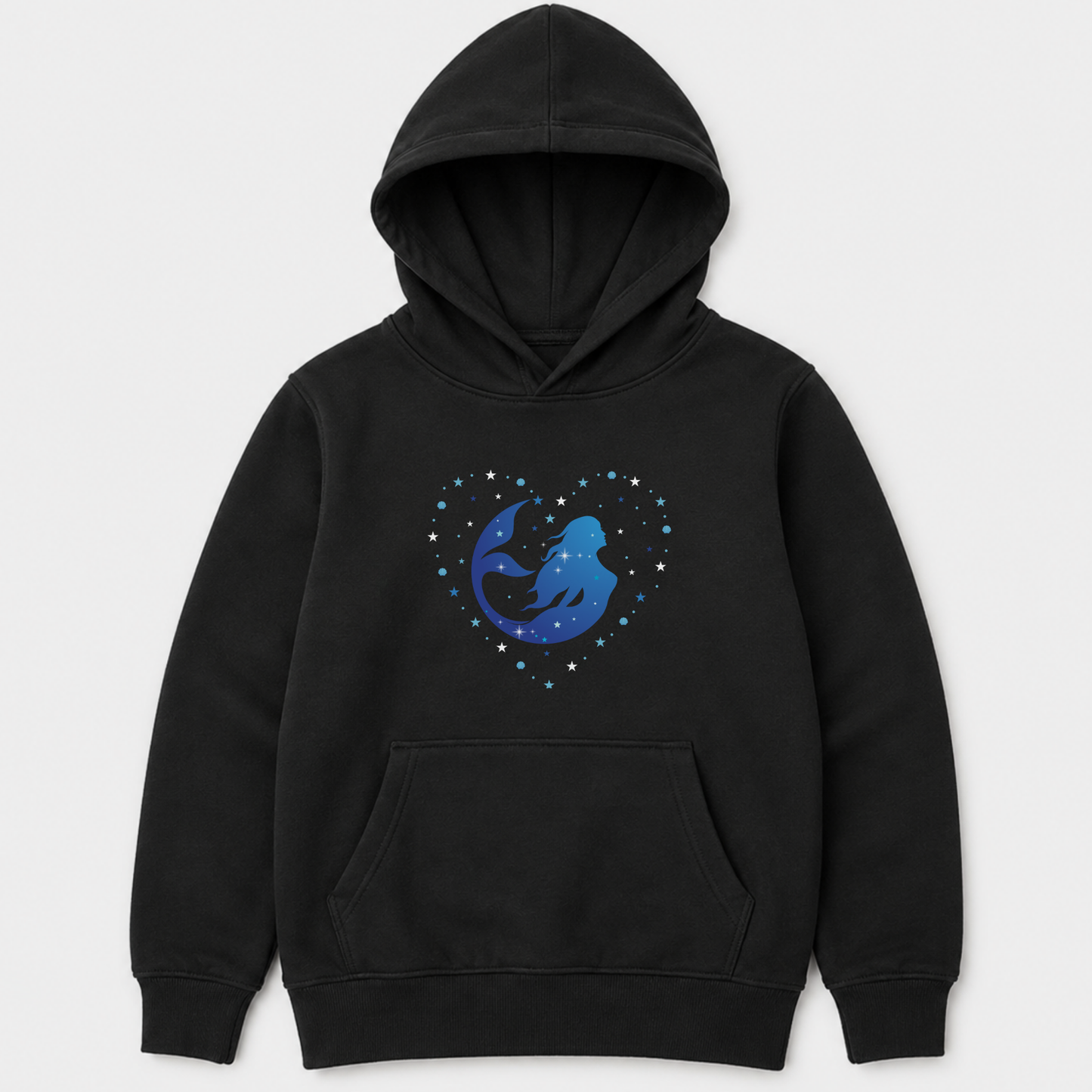Kids black pullover hoodie with a front kangaroo pocket and a central graphic of a blue mermaid inside a heart-shaped starry pattern, shown on a light grey background.