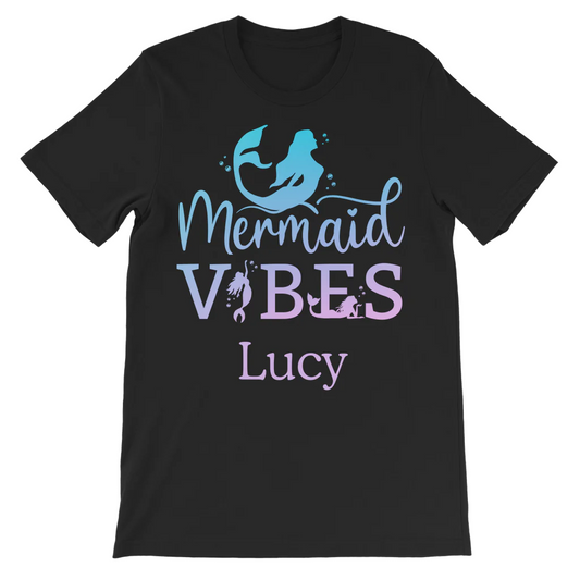 Girls “Mermaid Vibes” t-shirt with blue and purple mermaid graphic and custom name.