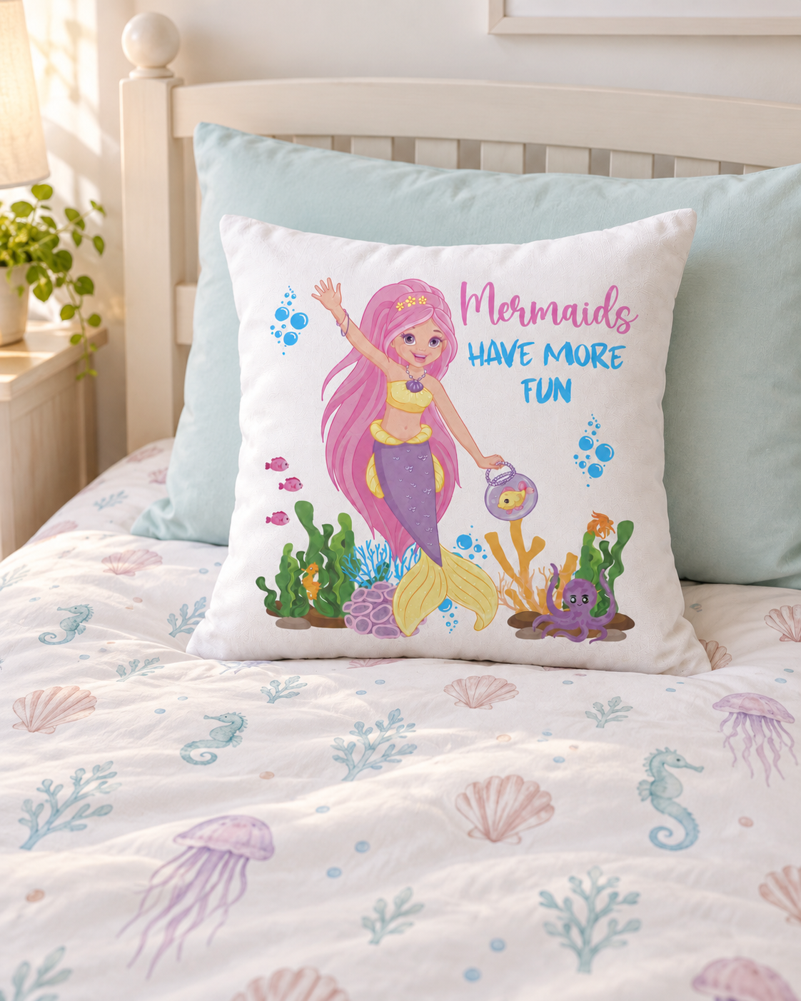 Mermaids Have More Fun cushion on a child’s bed with soft shell, seahorse and jellyfish print bedding.