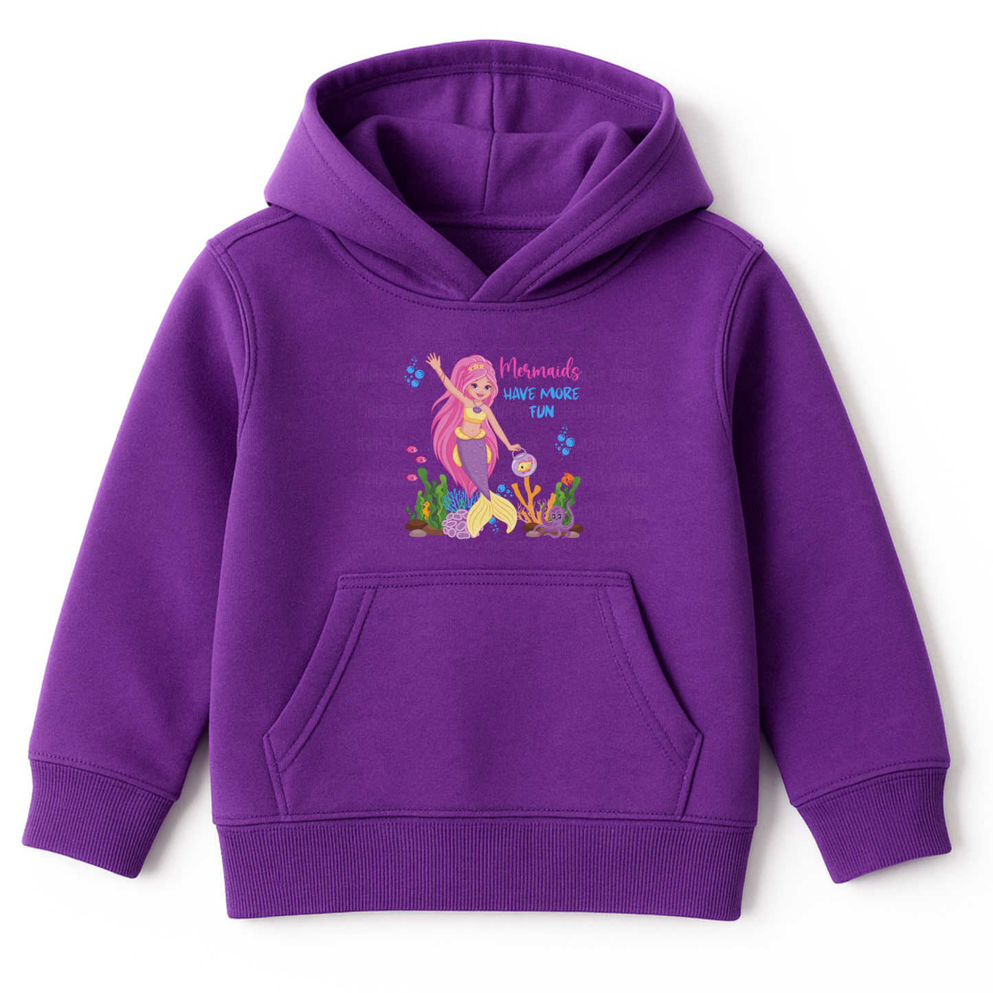 Purple kids mermaid hoodie with colourful sea life design and slogan print, front view pullover sweatshirt