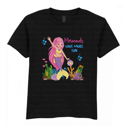 Girls black T-shirt featuring a colourful mermaid design and the phrase “Mermaids Have More Fun,” surrounded by sea creatures and coral.