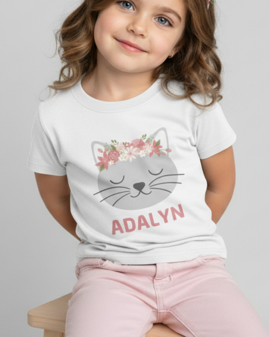 Close up of personalised floral cat t-shirt with flower crown graphic and custom name Adalyn, white girls tee